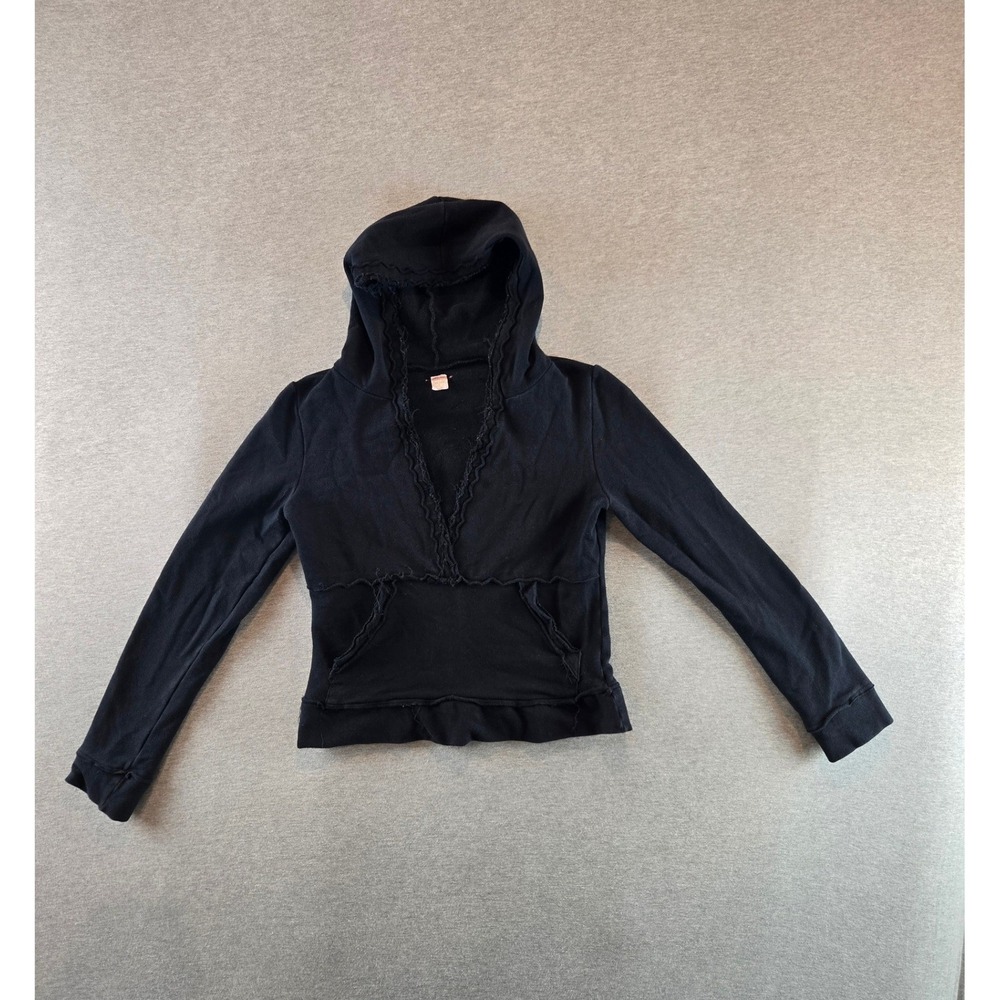 Free People Hoodie Womens XS Black Raw Edge V-Neck Pullover Distressed Bohemian